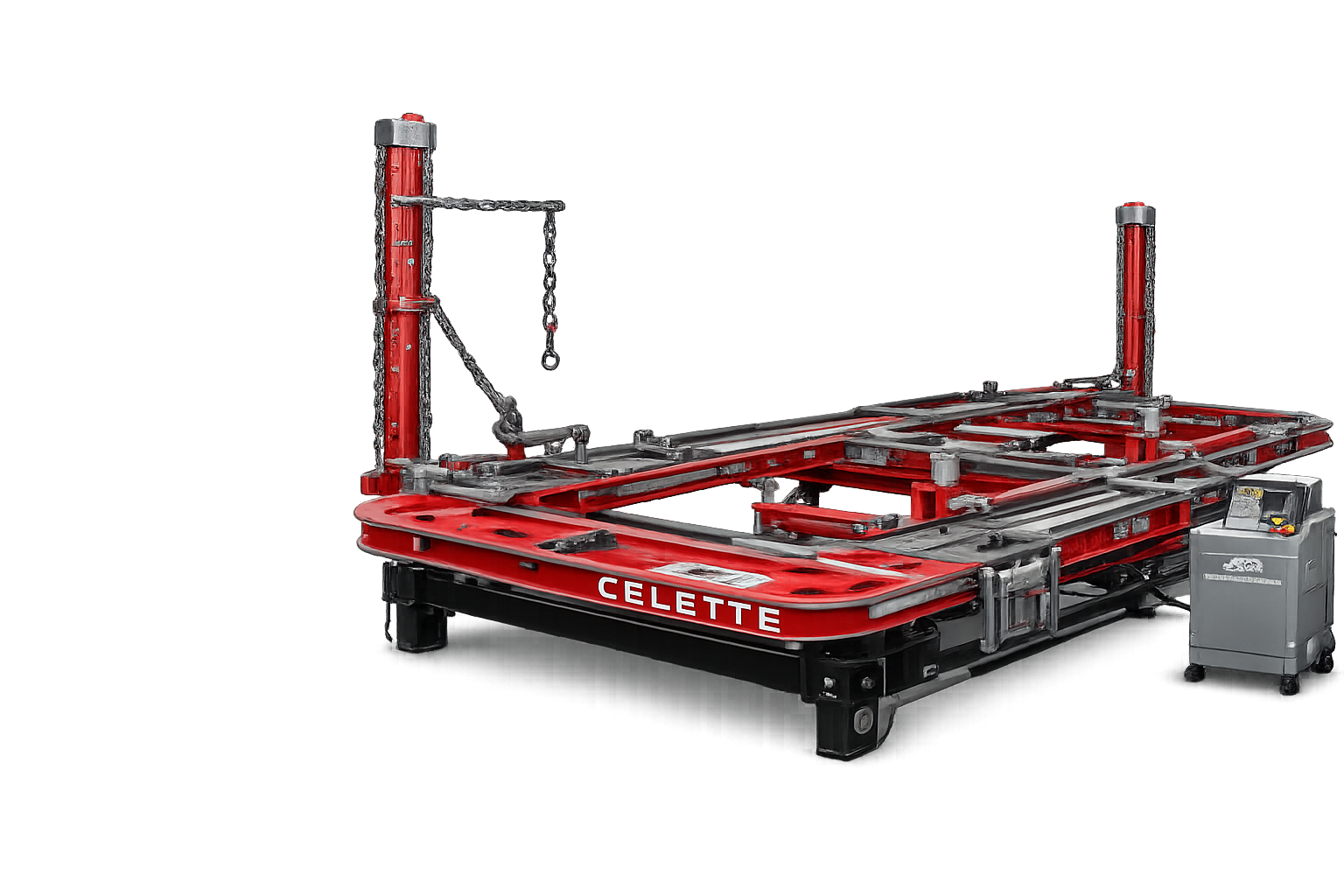 Mesa geométrica profesional de color rojo con torres de estirado y equipo de control